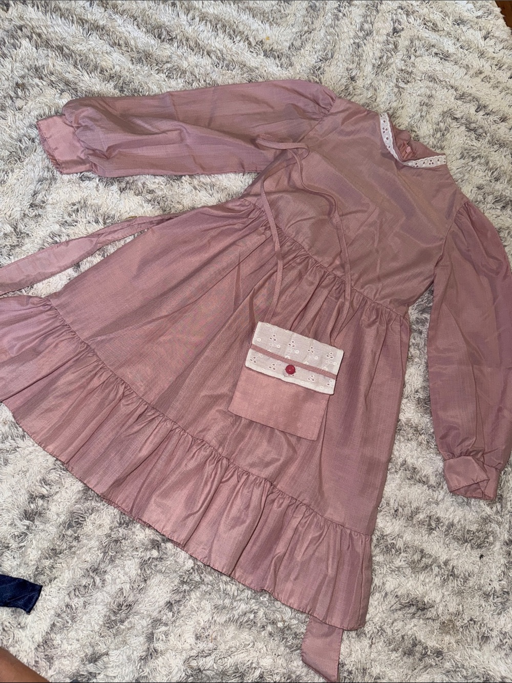 vintage 80s dusty pink prairie dress long blouson sleeves, ruffled hemline, lace